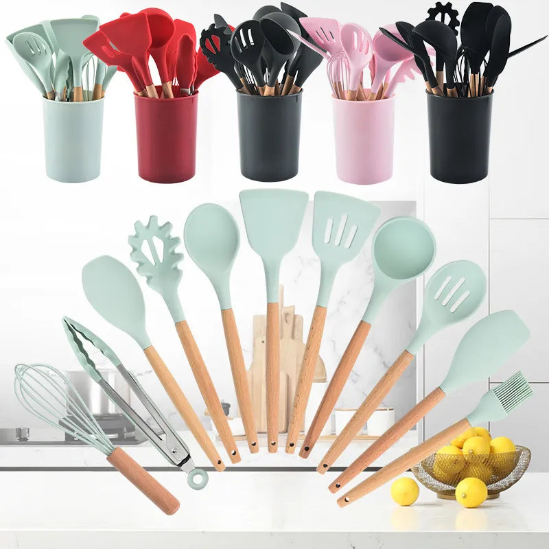 12Pcs/Set Wooden Handle Silicone Kitchen Utensils - Eztico