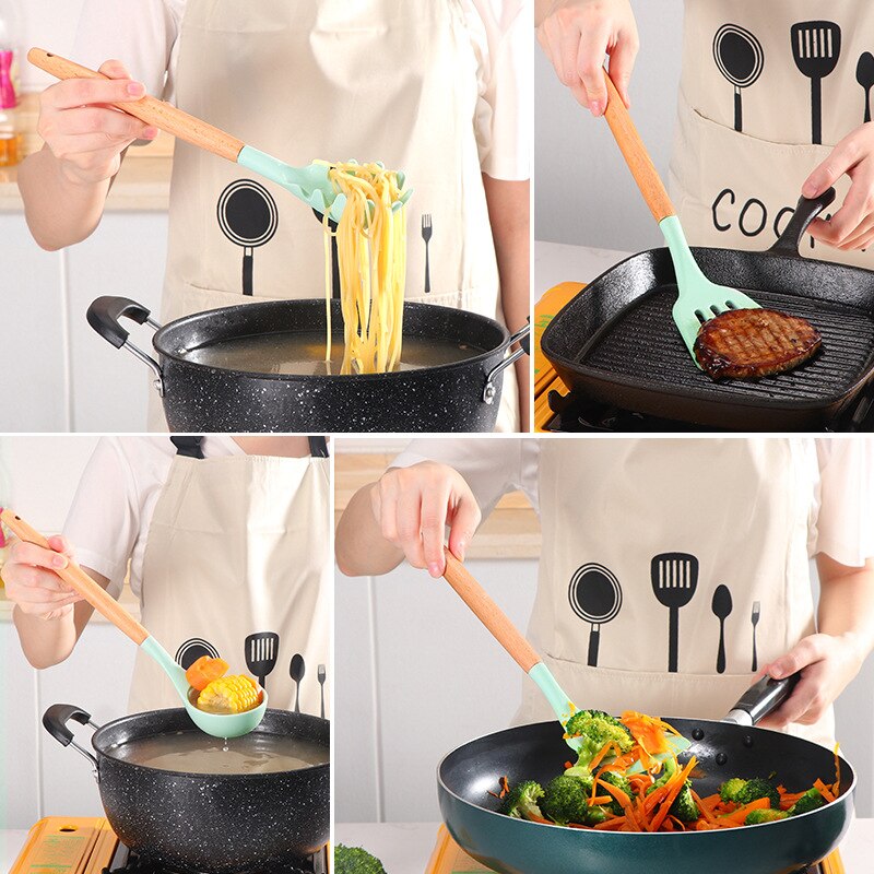 12Pcs/Set Wooden Handle Silicone Kitchen Utensils - Eztico