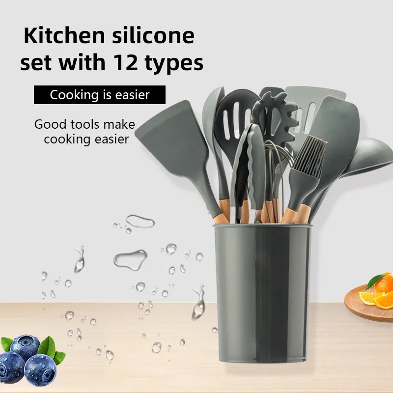 12Pcs/Set Wooden Handle Silicone Kitchen Utensils - Eztico