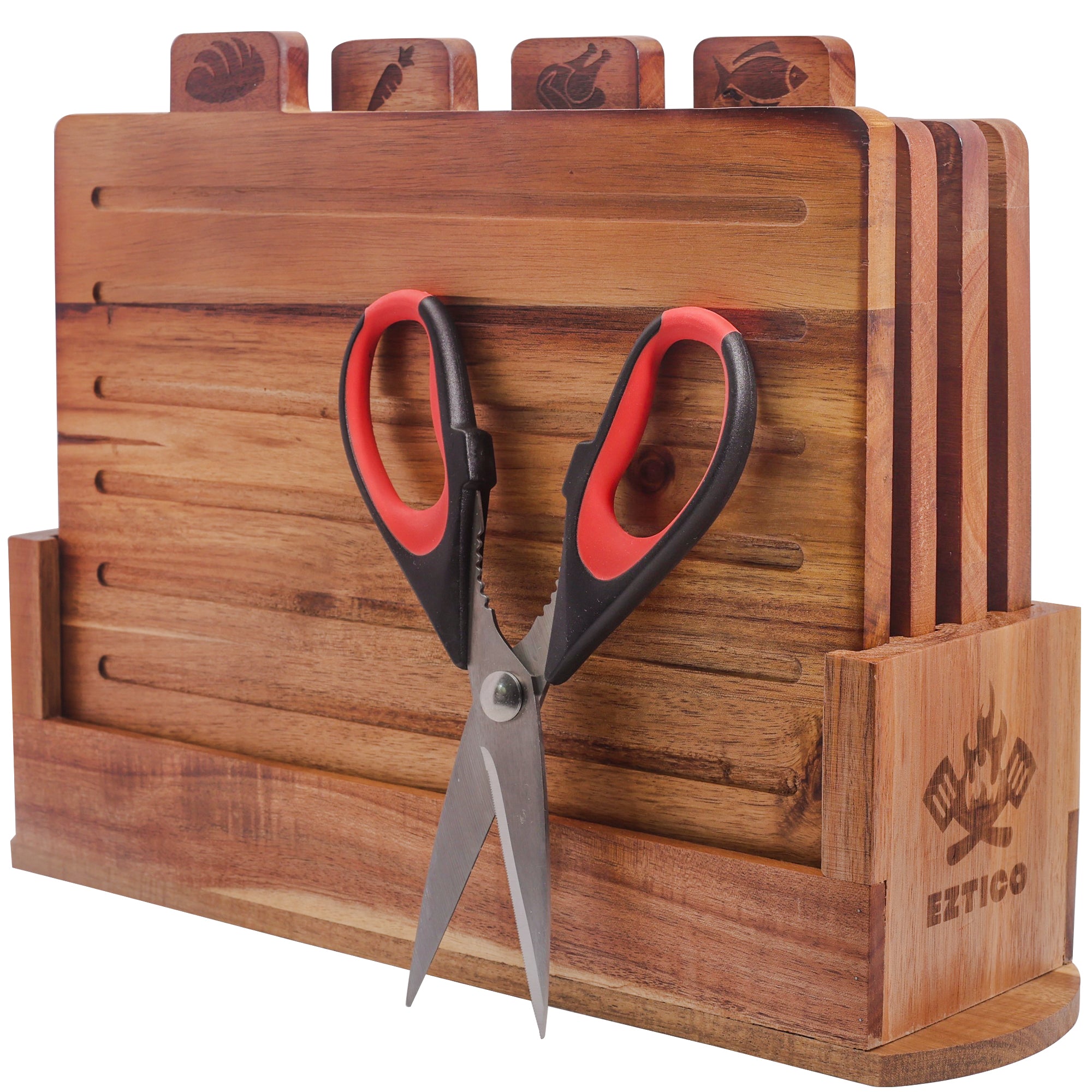 Acacia Wood Cutting Board Set with Scissors and Stand.